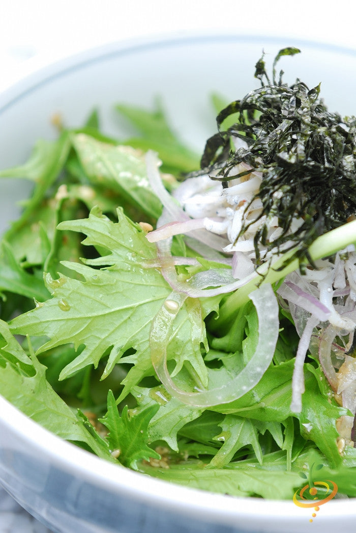 Fresh Mizuna mustard greens salad with shredded seaweed and onions in a bowl