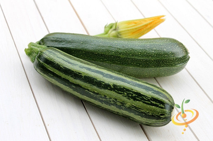 Two green striped summer squash zucchinis on white wooden surface with flower bloom