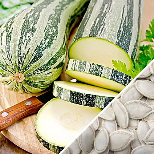Sliced grayish-green striped summer squash with seeds and knife on wooden cutting board