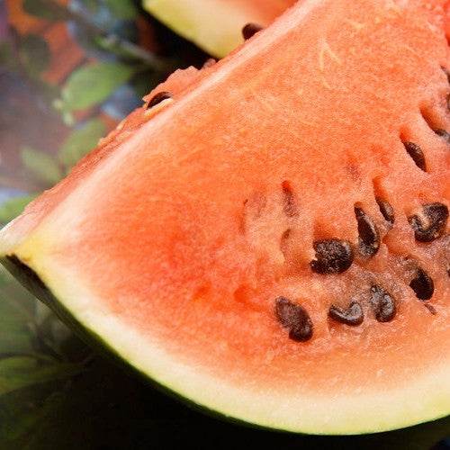 Close-up of a slice of Watermelon Black Diamond showing red flesh and black seeds