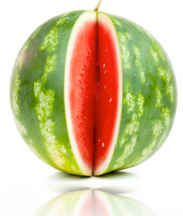 Whole and halved Sugarbaby watermelon showing bright red interior and striped green rind