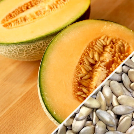 Honey Rock cantaloupe melon cut open with seeds close-up on wooden surface